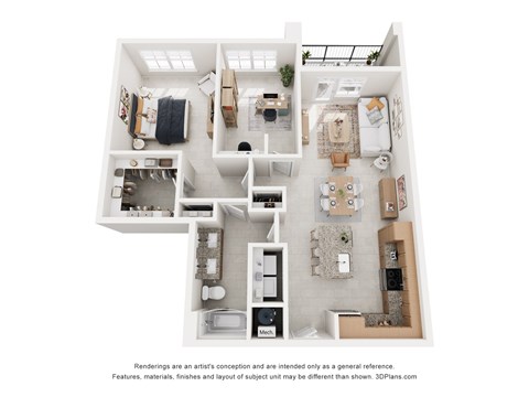 Floor plan for 1 bed, 1 bath, 1007 sqft